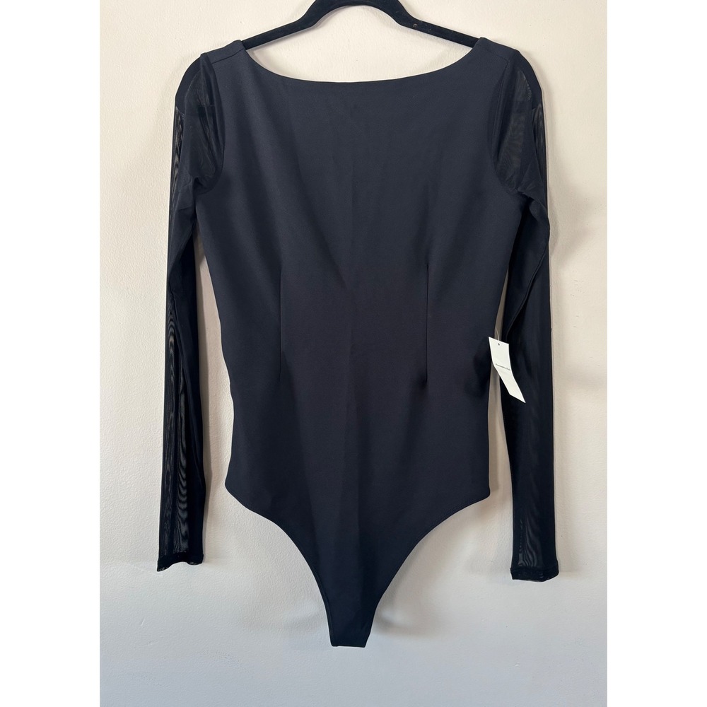 Abercrombie & Fitch‎ Sheer Mesh Sleeve Scoop Back Crepe Bodysuit Black Large NEW